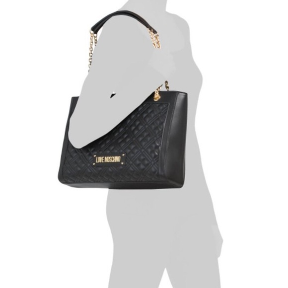 NWT Love Moschino Black Quilted Borsa Shoulder Tote in Black and Gold - Picture 3 of 14